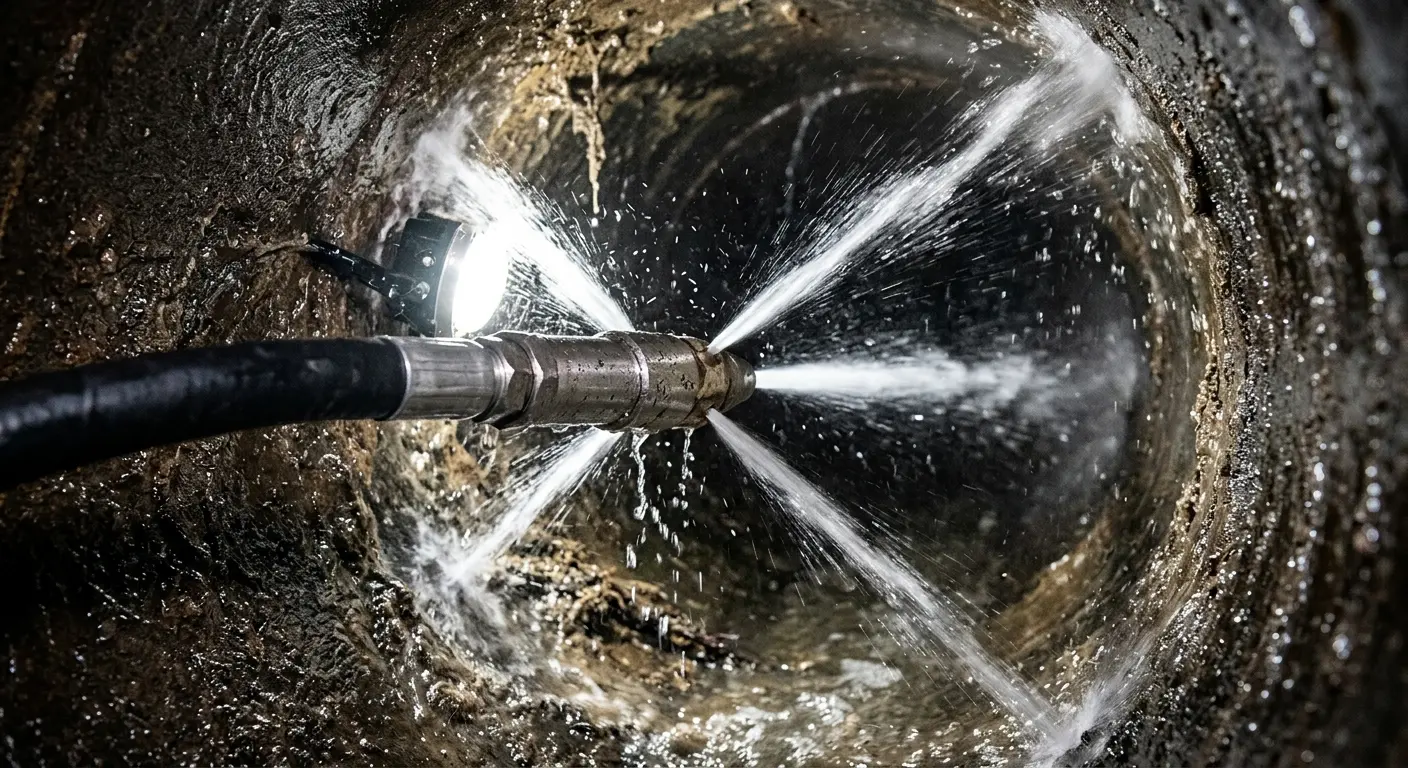 High-pressure hydro jetting nozzle cleaning sewer pipe for Sewer Cleanout in Orrville