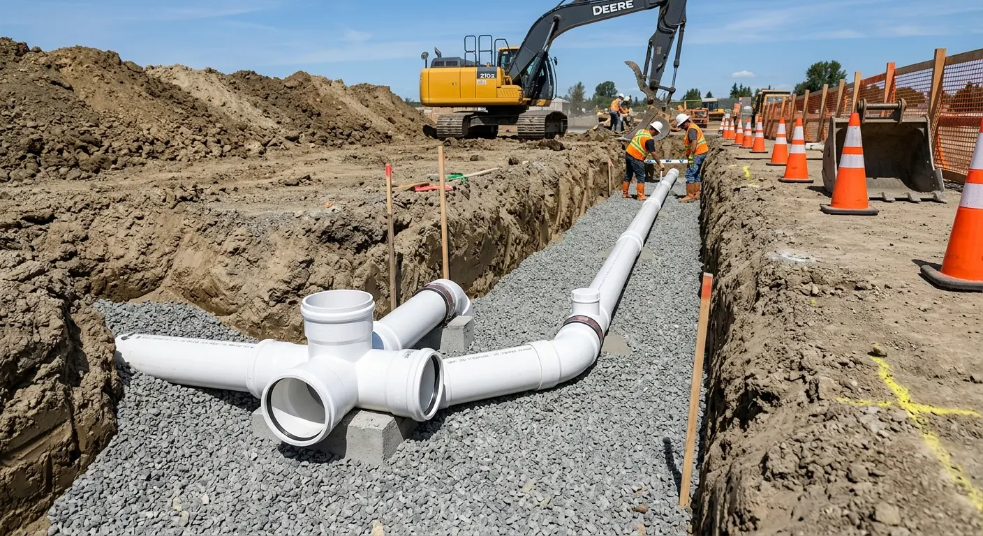 New PVC sewer pipe installation in open trench for Grease Trap Cleaning in Orrville