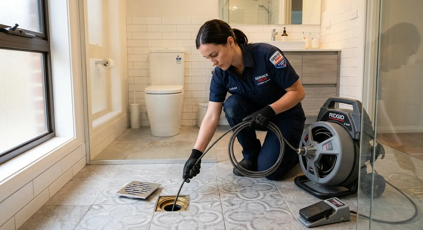 Technician clearing a bathroom floor drain for Hydro Jetting in Orrville